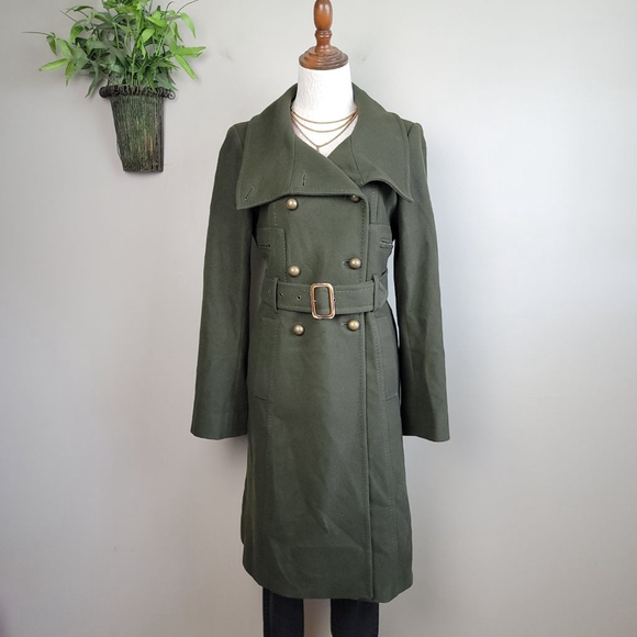 BCBGMaxAzria S Trench Peacoat Wool Cashmere Long Olive Green Coat Jacket BCBG - Picture 1 of 15